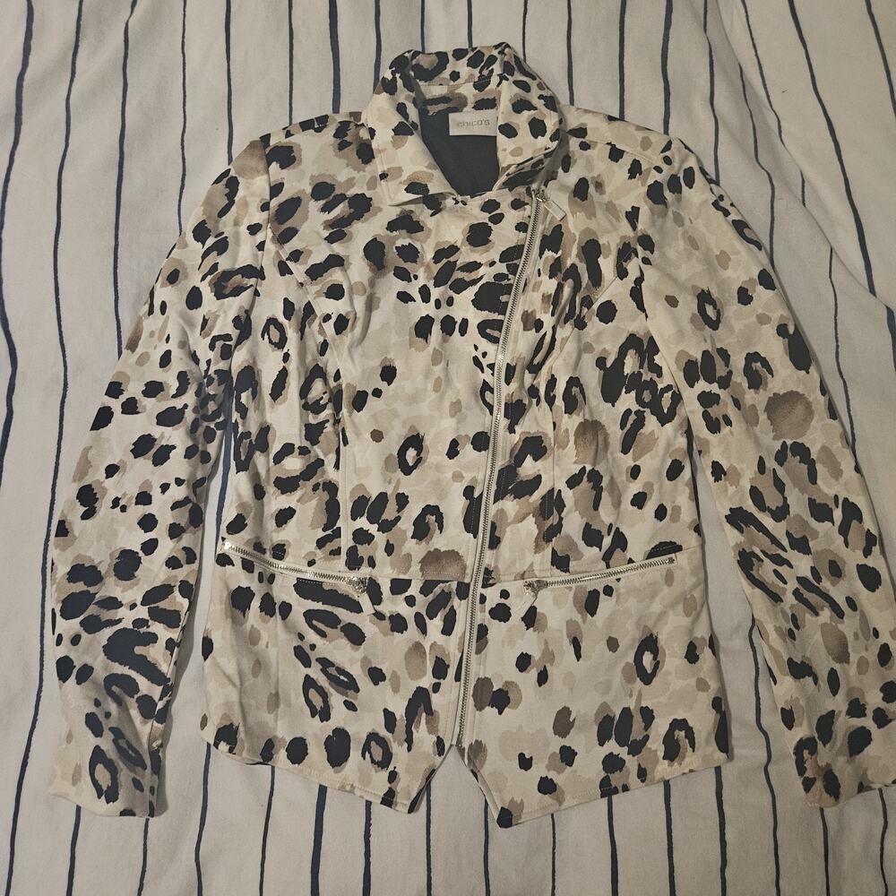 NEW CHICO’S Animal Print Soft Stretch Ponte Knit Zip Moto Jacket Top 0 US S NWOT